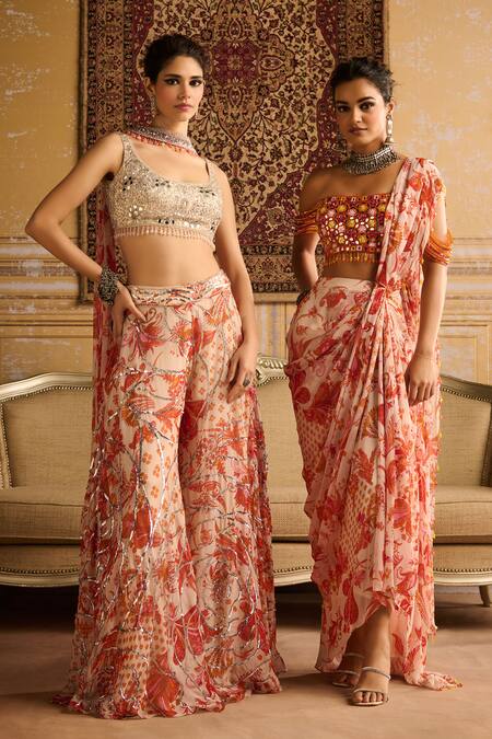 Shop Diyarajvvir Orange Tulle, Satin Sequins, Gulmohar Print And Blouse & Sharara Pant Set Online at Aza Fashions Shop_Diyarajvvir_Orange Tulle, Satin Sequins, Gulmohar Print And Blouse & Sharara Pant Set _Online_at_Aza_Fashions