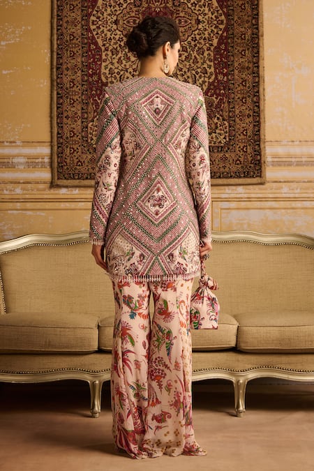 Shop Diyarajvvir Red Georgette, Silk Sequins, Shamiyana Print And Jacket & Flared Pant Set at Aza Fashions Shop_Diyarajvvir_Red Georgette, Silk Sequins, Shamiyana Print And Jacket & Flared Pant Set _at_Aza_Fashions