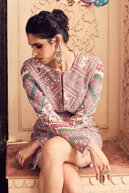 Shop Diyarajvvir Red Silk Beads, Mirrors Split Shamiyana Bloom Print And Embroidered Jacket Dress at Aza Fashions Shop_Diyarajvvir_Red Silk Beads, Mirrors Split Shamiyana Bloom Print And Embroidered Jacket Dress _at_Aza_Fashions