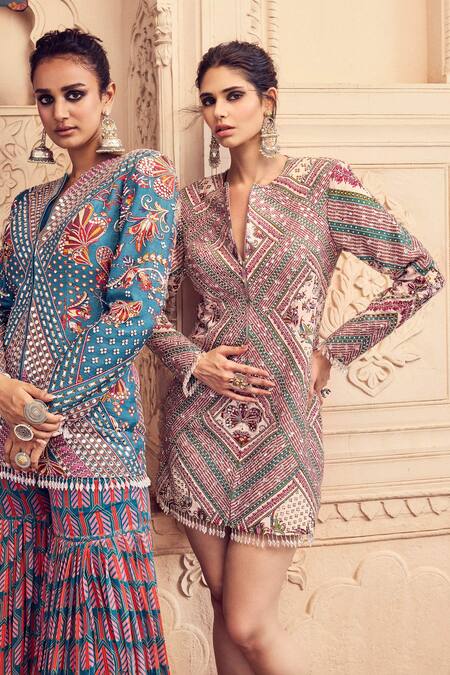 Diyarajvvir Red Silk Beads, Mirrors Split Shamiyana Bloom Print And Embroidered Jacket Dress Online at Aza Fashions Diyarajvvir_Red Silk Beads, Mirrors Split Shamiyana Bloom Print And Embroidered Jacket Dress _Online_at_Aza_Fashions