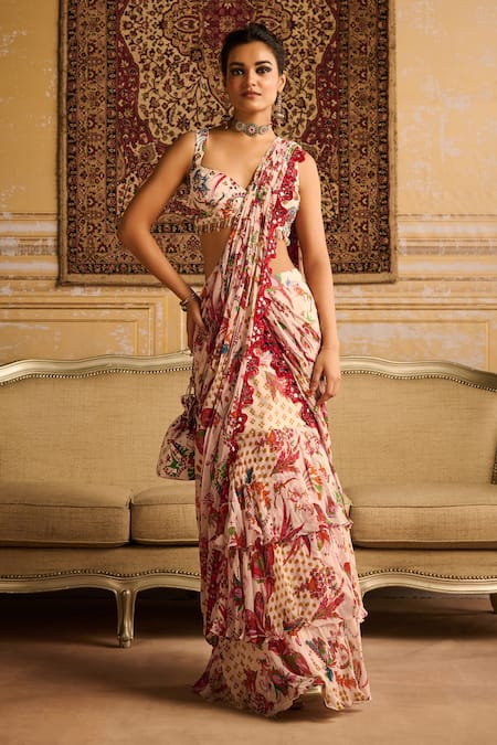 DiyaRajvvir Red Crepe Print Florence Queen Anne Neck Tiered Pre Draped Skirt Saree Set 