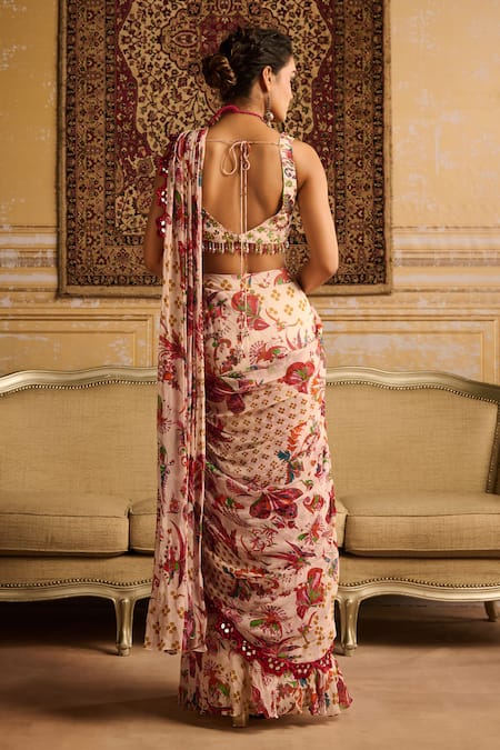Shop Diyarajvvir Red Crepe, Georgette, Linen Florence Print Tiered Pre Draped Skirt Saree Set at Aza Fashions Shop_Diyarajvvir_Red Crepe, Georgette, Linen Florence Print Tiered Pre Draped Skirt Saree Set _at_Aza_Fashions