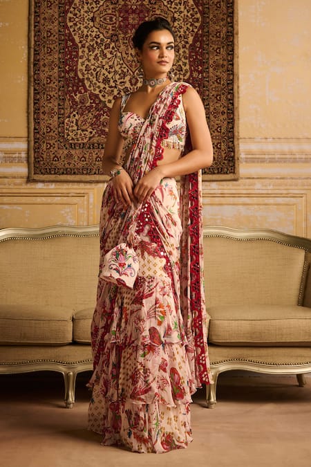 Diyarajvvir Red Crepe, Georgette, Linen Florence Print Tiered Pre Draped Skirt Saree Set Online at Aza Fashions Diyarajvvir_Red Crepe, Georgette, Linen Florence Print Tiered Pre Draped Skirt Saree Set _Online_at_Aza_Fashions