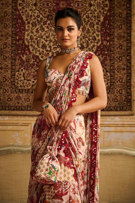 Buy Diyarajvvir Red Crepe, Georgette, Linen Florence Print Tiered Pre Draped Skirt Saree Set Online at Aza Fashions Buy_Diyarajvvir_Red Crepe, Georgette, Linen Florence Print Tiered Pre Draped Skirt Saree Set _Online_at_Aza_Fashions