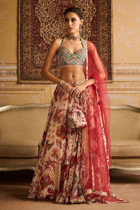 DiyaRajvvir Red Crepe Print Bahara Garden Halter Neck Lehenga Set 