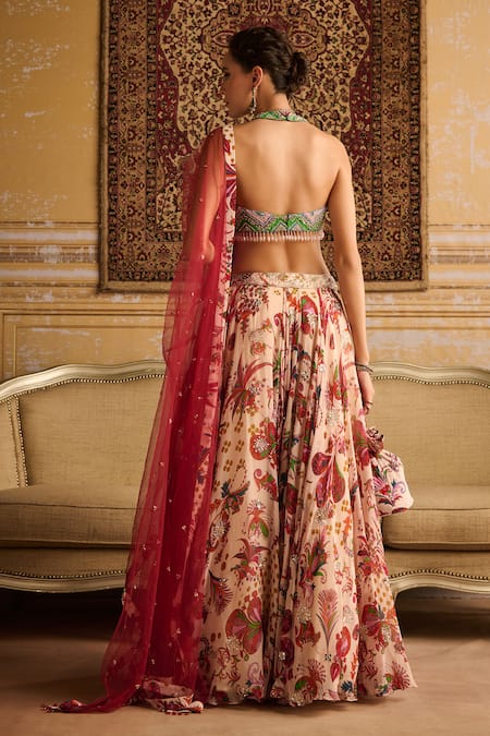 Shop_Diyarajvvir_Red Organza, Crepe, Satin, Tulle Sequins, Beads Bahara Garden Print Lehenga Set _at_Aza_Fashions