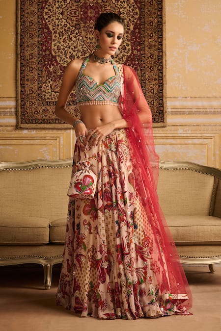 Diyarajvvir_Red Organza, Crepe, Satin, Tulle Sequins, Beads Bahara Garden Print Lehenga Set _Online_at_Aza_Fashions