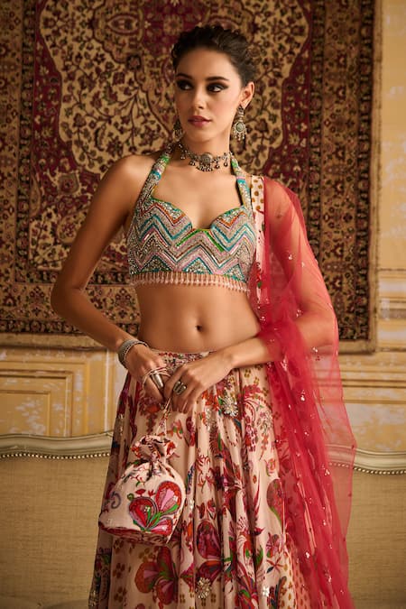 Buy_Diyarajvvir_Red Organza, Crepe, Satin, Tulle Sequins, Beads Bahara Garden Print Lehenga Set _Online_at_Aza_Fashions