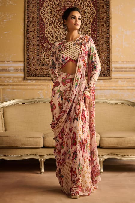 Buy_Diyarajvvir_Red Ecstasy Bloom Print And Embellished Pre Draped Sharara Saree With Blouse _Online_at_Aza_Fashions