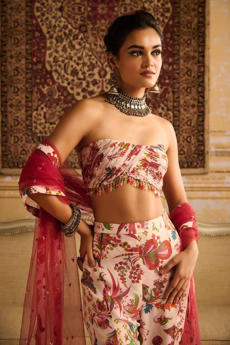 Diyarajvvir Red Tulle, Georgette, Phoolista Print Off Pleated Blouse And Bell Bottom Pant Set Online at Aza Fashions Diyarajvvir_Red Tulle, Georgette, Phoolista Print Off Pleated Blouse And Bell Bottom Pant Set _Online_at_Aza_Fashions