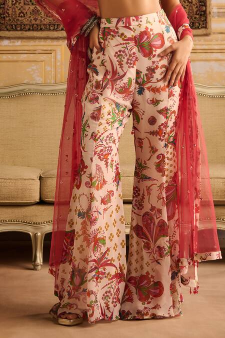 Buy Diyarajvvir Red Tulle, Georgette, Phoolista Print Off Pleated Blouse And Bell Bottom Pant Set Online at Aza Fashions Buy_Diyarajvvir_Red Tulle, Georgette, Phoolista Print Off Pleated Blouse And Bell Bottom Pant Set _Online_at_Aza_Fashions