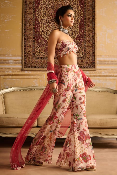 Shop Diyarajvvir Red Tulle, Georgette, Phoolista Print Off Pleated Blouse And Bell Bottom Pant Set Online at Aza Fashions Shop_Diyarajvvir_Red Tulle, Georgette, Phoolista Print Off Pleated Blouse And Bell Bottom Pant Set _Online_at_Aza_Fashions