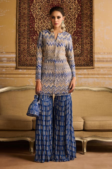 DiyaRajvvir Blue Raw Silk Print Chevron Split V Beaded And Embroidered Jacket Gharara Set 