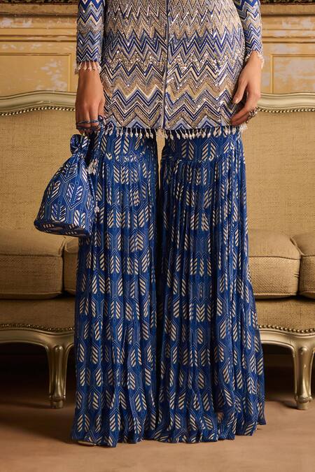 Diyarajvvir Blue Georgette, Silk Embroidery, Beads Split Chevron Print And Jacket Gharara Set Online at Aza Fashions Diyarajvvir_Blue Georgette, Silk Embroidery, Beads Split Chevron Print And Jacket Gharara Set _Online_at_Aza_Fashions