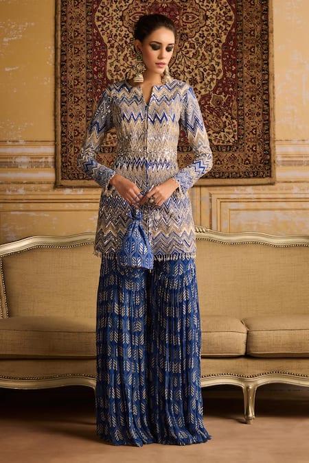 Buy Diyarajvvir Blue Georgette, Silk Embroidery, Beads Split Chevron Print And Jacket Gharara Set Online at Aza Fashions Buy_Diyarajvvir_Blue Georgette, Silk Embroidery, Beads Split Chevron Print And Jacket Gharara Set _Online_at_Aza_Fashions