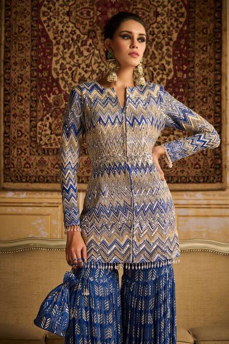 Shop Diyarajvvir Blue Georgette, Silk Embroidery, Beads Split Chevron Print And Jacket Gharara Set Online at Aza Fashions Shop_Diyarajvvir_Blue Georgette, Silk Embroidery, Beads Split Chevron Print And Jacket Gharara Set _Online_at_Aza_Fashions