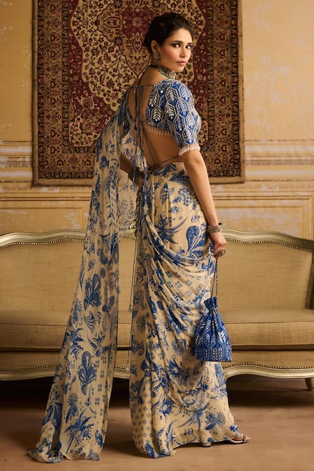 Shop Diyarajvvir Blue Crepe, Georgette Mirrors, Floral Jaal Print Pre-draped Saree With Blouse at Aza Fashions Shop_Diyarajvvir_Blue Crepe, Georgette Mirrors, Floral Jaal Print Pre-draped Saree With Blouse _at_Aza_Fashions