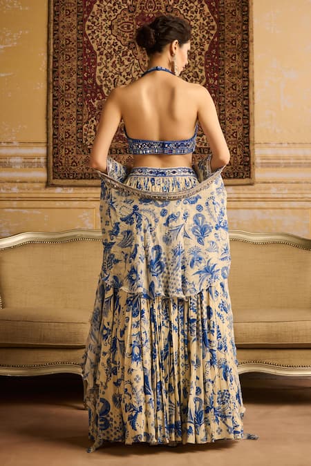 Shop Diyarajvvir Blue Tulle, Crepe, Satin, Lycra, Georgette Floral Jaal Print Lehenga Blouse Set at Aza Fashions Shop_Diyarajvvir_Blue Tulle, Crepe, Satin, Lycra, Georgette Floral Jaal Print Lehenga Blouse Set _at_Aza_Fashions