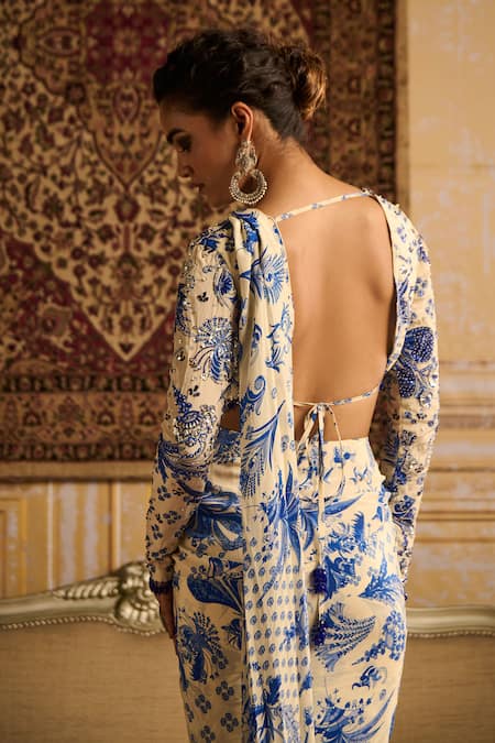 Shop Diyarajvvir Blue Crepe Beads, Mirrors, Embroidery, Floral Jaal Print Dhoti Saree With Blouse at Aza Fashions Shop_Diyarajvvir_Blue Crepe Beads, Mirrors, Embroidery, Floral Jaal Print Dhoti Saree With Blouse _at_Aza_Fashions