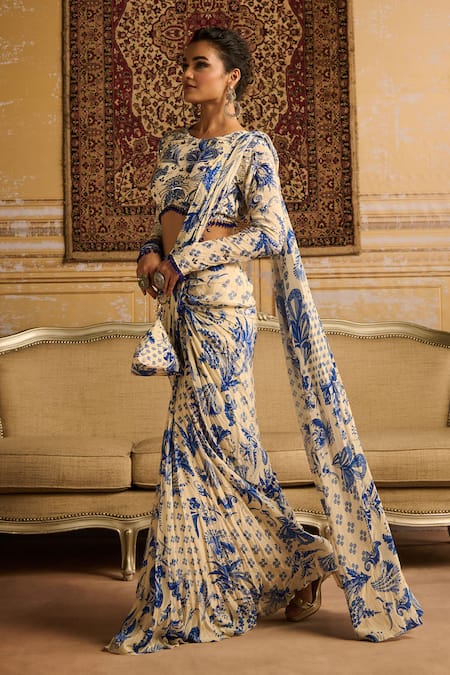 Buy Diyarajvvir Blue Crepe Beads, Mirrors, Embroidery, Floral Jaal Print Dhoti Saree With Blouse Online at Aza Fashions Buy_Diyarajvvir_Blue Crepe Beads, Mirrors, Embroidery, Floral Jaal Print Dhoti Saree With Blouse _Online_at_Aza_Fashions