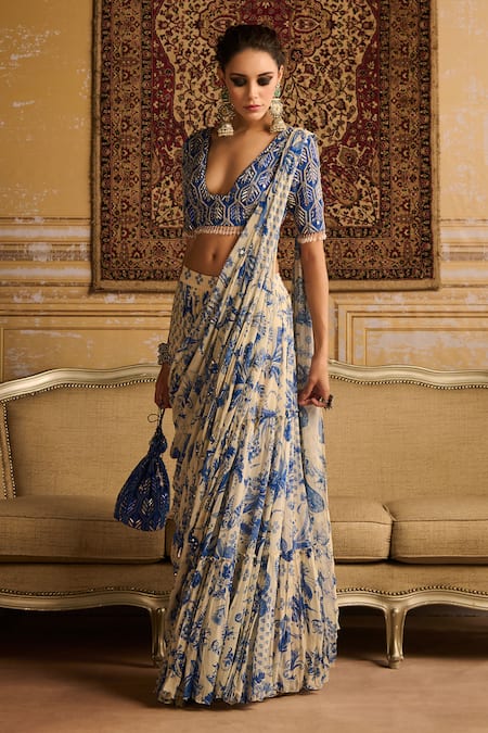 Diyarajvvir Blue Crepe, Georgette Tassels, Floral Jaal Print Pre-draped Saree And Blouse Set Online at Aza Fashions Diyarajvvir_Blue Crepe, Georgette Tassels, Floral Jaal Print Pre-draped Saree And Blouse Set _Online_at_Aza_Fashions