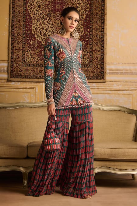 DiyaRajvvir Mirror Embroidered Jacket Kurta With Gharara 