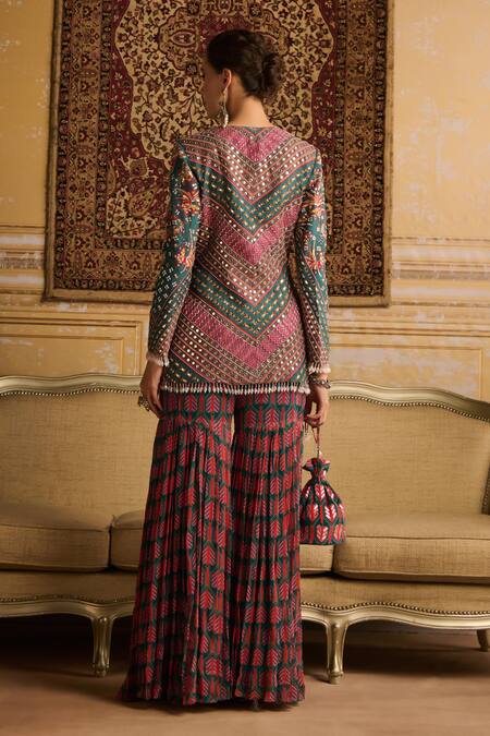 Shop Diyarajvvir Green Georgette, Silk Embroidery, Mirrors, Sequins, Jacket Kurta With Gharara at Aza Fashions Shop_Diyarajvvir_Green Georgette, Silk Embroidery, Mirrors, Sequins, Jacket Kurta With Gharara _at_Aza_Fashions