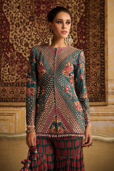 Shop Diyarajvvir Green Georgette, Silk Embroidery, Mirrors, Sequins, Jacket Kurta With Gharara Online at Aza Fashions Shop_Diyarajvvir_Green Georgette, Silk Embroidery, Mirrors, Sequins, Jacket Kurta With Gharara _Online_at_Aza_Fashions