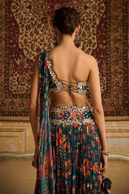 Shop Diyarajvvir Blue Crepe, Georgette Embroidery, Floral Printed Pleated Pant With Blouse at Aza Fashions Shop_Diyarajvvir_Blue Crepe, Georgette Embroidery, Floral Printed Pleated Pant With Blouse _at_Aza_Fashions