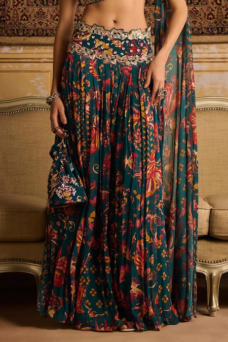Diyarajvvir Blue Crepe, Georgette Embroidery, Floral Printed Pleated Pant With Blouse Online at Aza Fashions Diyarajvvir_Blue Crepe, Georgette Embroidery, Floral Printed Pleated Pant With Blouse _Online_at_Aza_Fashions