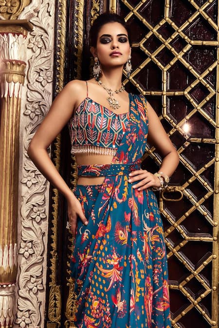 Diyarajvvir Floral Butta Printed Pre-Draped Skirt Saree With Blouse 
