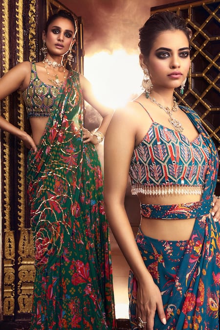 Diyarajvvir_Blue Crepe, Georgette, Floral Butta Printed Pre-draped Skirt Saree With Blouse _Online_at_Aza_Fashions