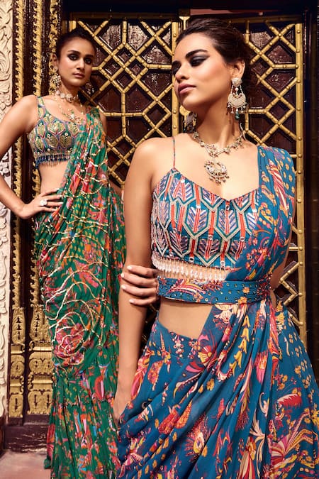 Shop_Diyarajvvir_Blue Crepe, Georgette, Floral Butta Printed Pre-draped Skirt Saree With Blouse _Online_at_Aza_Fashions