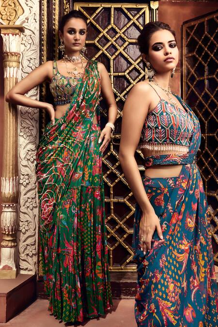 Diyarajvvir_Blue Crepe, Georgette, Floral Butta Printed Pre-draped Skirt Saree With Blouse _at_Aza_Fashions
