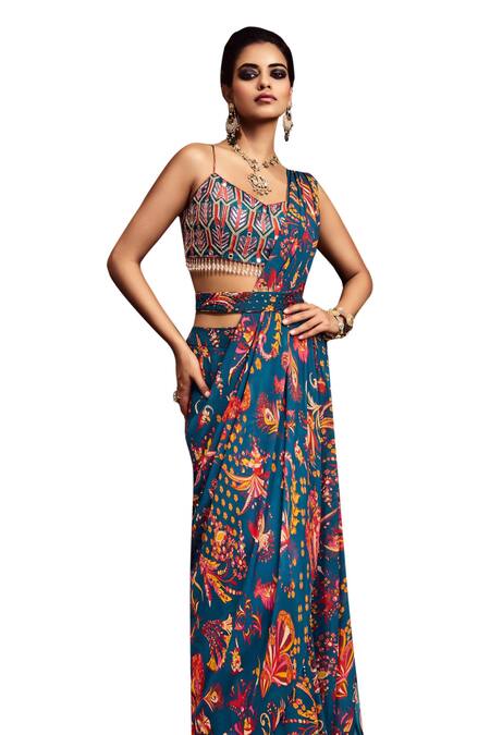 Buy_Diyarajvvir_Blue Crepe, Georgette, Floral Butta Printed Pre-draped Skirt Saree With Blouse 