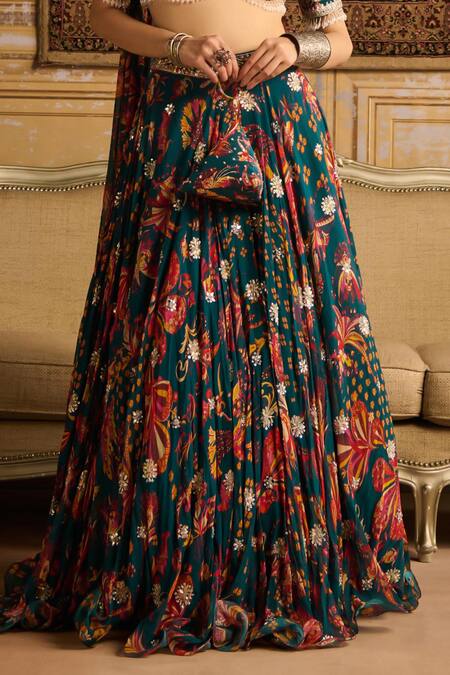 Diyarajvvir Blue Crepe, Georgette Embroidery, Floral Print Lehenga Set With Choker Dupatta Online at Aza Fashions Diyarajvvir_Blue Crepe, Georgette Embroidery, Floral Print Lehenga Set With Choker Dupatta _Online_at_Aza_Fashions