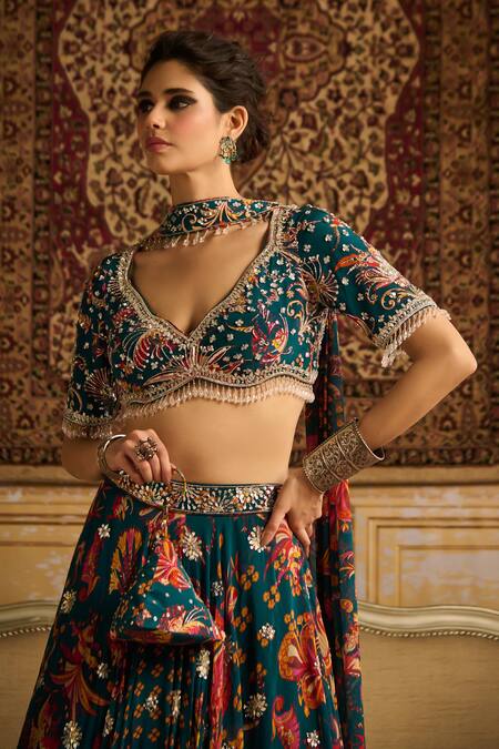 Shop Diyarajvvir Blue Crepe, Georgette Embroidery, Floral Print Lehenga Set With Choker Dupatta Online at Aza Fashions Shop_Diyarajvvir_Blue Crepe, Georgette Embroidery, Floral Print Lehenga Set With Choker Dupatta _Online_at_Aza_Fashions