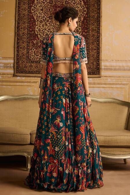 Diyarajvvir Blue Crepe, Georgette Embroidery, Floral Print Lehenga Set With Choker Dupatta at Aza Fashions Diyarajvvir_Blue Crepe, Georgette Embroidery, Floral Print Lehenga Set With Choker Dupatta _at_Aza_Fashions