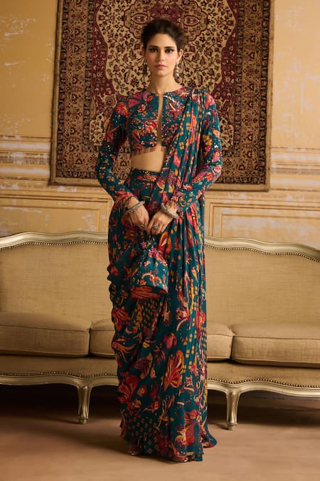 DiyaRajvvir Floral Print Pre-Draped Saree With Blouse 