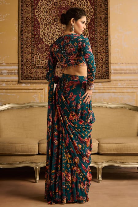 Diyarajvvir Floral Print Pre-Draped Saree With Blouse 