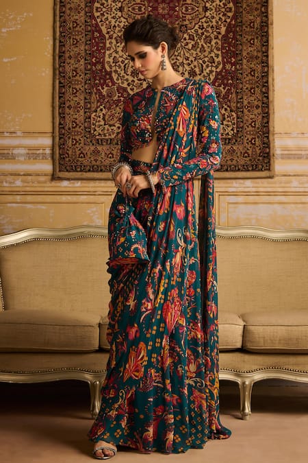 Diyarajvvir Blue Crepe, Georgette Sequins, Floral Print Pre-draped Saree With Blouse Online at Aza Fashions Diyarajvvir_Blue Crepe, Georgette Sequins, Floral Print Pre-draped Saree With Blouse _Online_at_Aza_Fashions