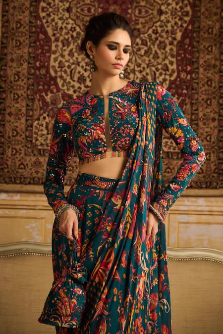 Buy Diyarajvvir Blue Crepe, Georgette Sequins, Floral Print Pre-draped Saree With Blouse Online at Aza Fashions Buy_Diyarajvvir_Blue Crepe, Georgette Sequins, Floral Print Pre-draped Saree With Blouse _Online_at_Aza_Fashions