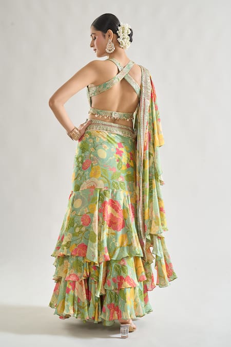 Gopi Vaid Disha Printed Pre-Draped Saree With Blouse 