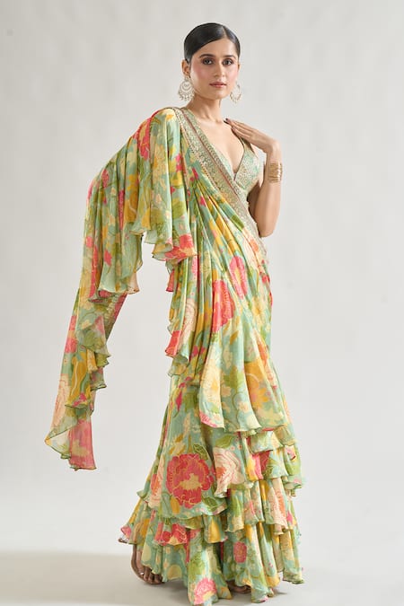 Gopi Vaid_Green Chiffon Sequins, Zari Disha Printed Pre-draped Saree With Blouse _Online_at_Aza_Fashions