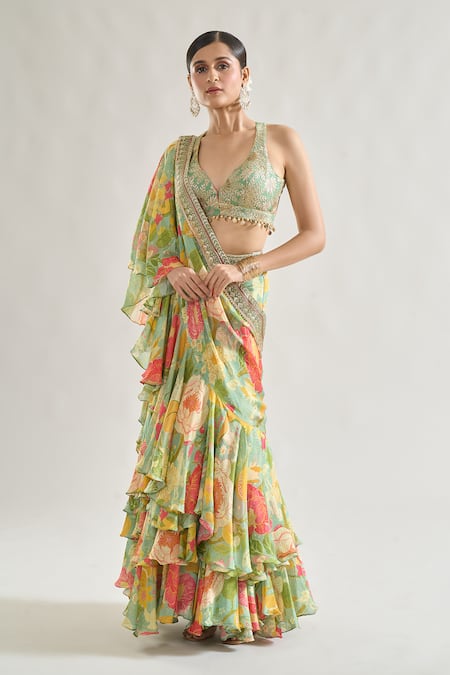 Buy_Gopi Vaid_Green Chiffon Sequins, Zari Disha Printed Pre-draped Saree With Blouse _Online_at_Aza_Fashions