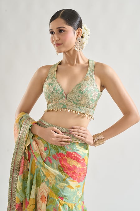 Shop_Gopi Vaid_Green Chiffon Sequins, Zari Disha Printed Pre-draped Saree With Blouse _Online_at_Aza_Fashions