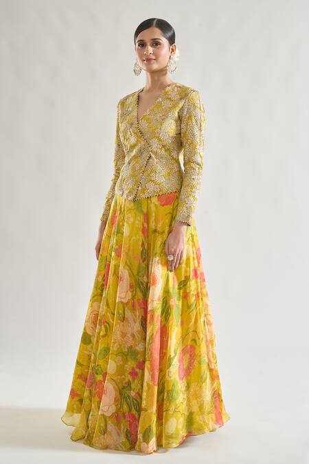 Gopi Vaid Yellow Organza Zari, Sequins, Embroidery Mili Floral Jacket And Lehenga Set Online at Aza Fashions Gopi Vaid_Yellow Organza Zari, Sequins, Embroidery Mili Floral Jacket And Lehenga Set _Online_at_Aza_Fashions