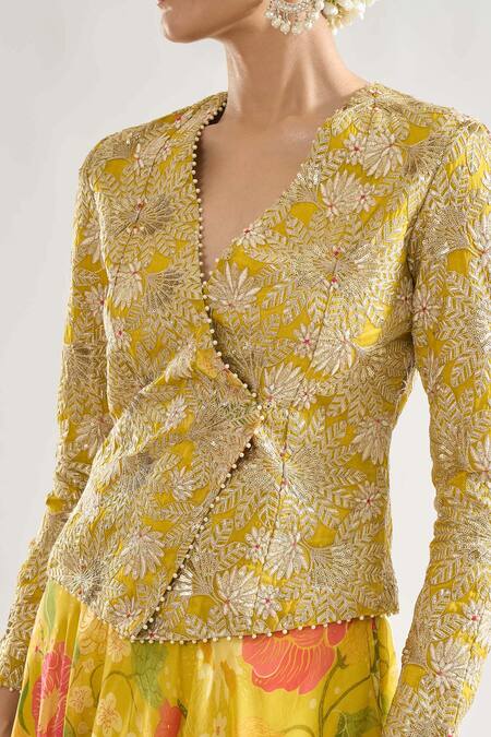 Shop Gopi Vaid Yellow Organza Zari, Sequins, Embroidery Mili Floral Jacket And Lehenga Set Online at Aza Fashions Shop_Gopi Vaid_Yellow Organza Zari, Sequins, Embroidery Mili Floral Jacket And Lehenga Set _Online_at_Aza_Fashions