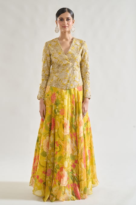 Buy Gopi Vaid Yellow Organza Zari, Sequins, Embroidery Mili Floral Jacket And Lehenga Set Buy_Gopi Vaid_Yellow Organza Zari, Sequins, Embroidery Mili Floral Jacket And Lehenga Set