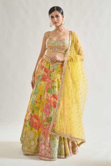 Gopi Vaid Multi Color Chiffon, Net Sequins, Sumaira Floral Print Panelled Lehenga Set Online at Aza Fashions Gopi Vaid_Multi Color Chiffon, Net Sequins, Sumaira Floral Print Panelled Lehenga Set _Online_at_Aza_Fashions
